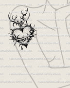 Feminine arm placement, sacred heart with barbed wire, thorn crown, flame tips, sleek blackwork heart tattoo