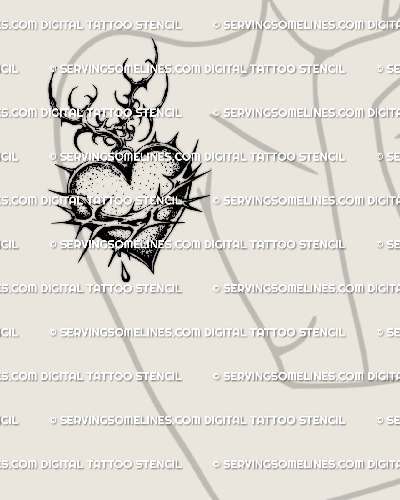 Feminine arm placement, sacred heart with barbed wire, thorn crown, flame tips, sleek blackwork heart tattoo