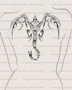 Feminine back dragon tattoo idea in neotribal cyber style, elegant wings and sharp geometric linework flowing like armor across the spine.