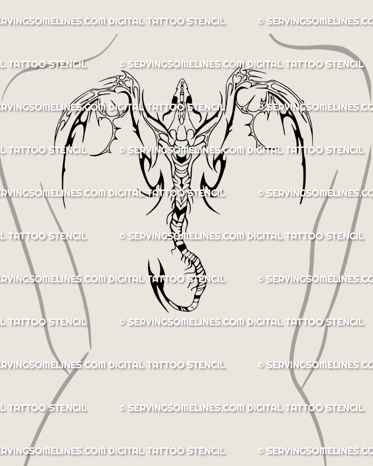 Feminine back dragon tattoo idea in neotribal cyber style, elegant wings and sharp geometric linework flowing like armor across the spine.