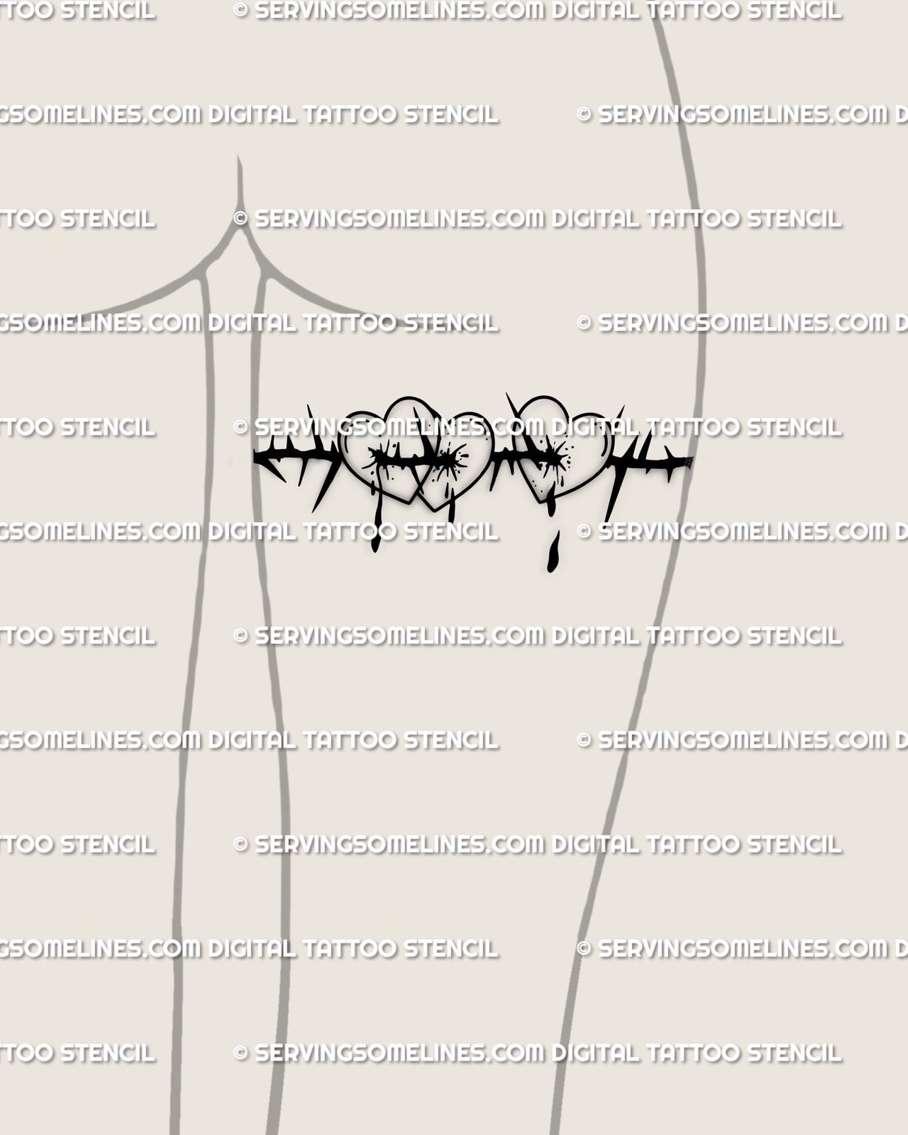 Feminine back of thigh tattoo featuring bleeding hearts and barbed wire, sad love flash with gothic emotional symbolism. 