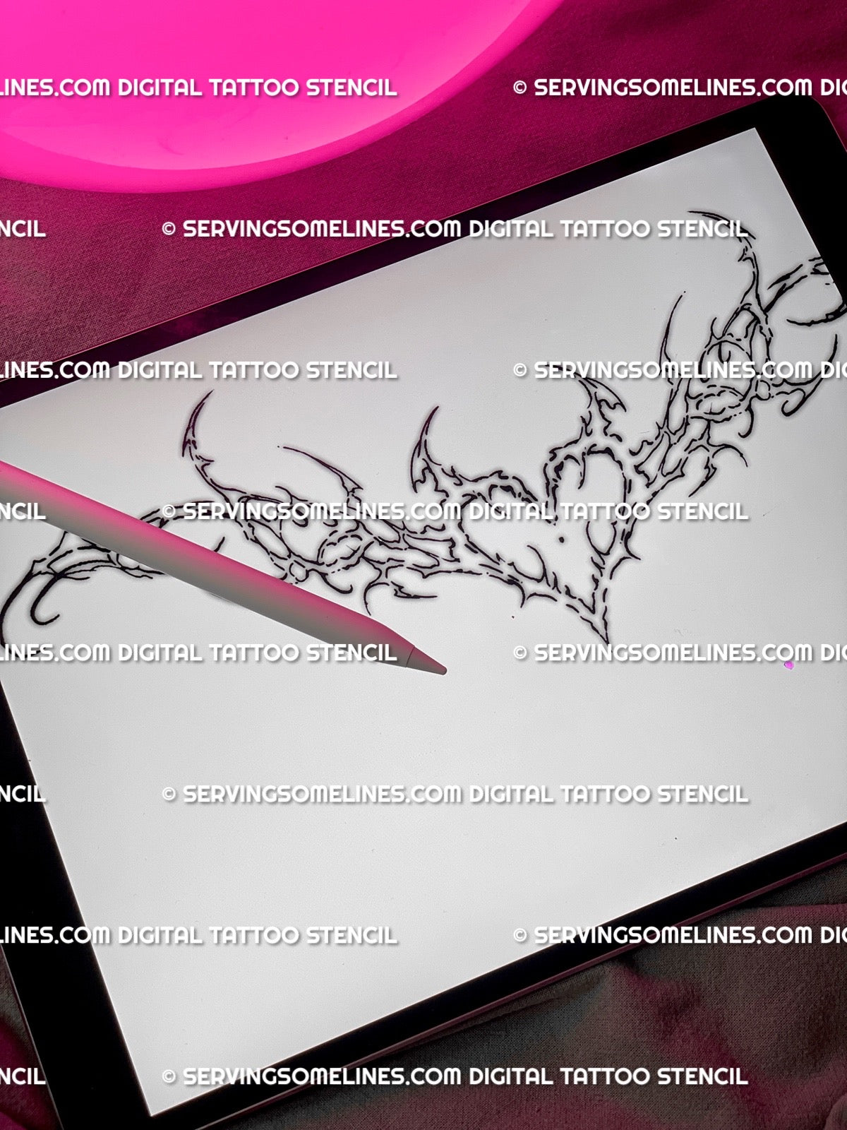 Digital baroque heart wings tattoo design previewed on iPad, feminine cybersigilism linework for instant download. 