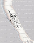 Feminine butterfly dagger tattoo with minimal line art and elegant wings, drawn as a delicate feminine weapon tattoo design. 