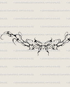 Feminine butterfly tramp stamp tattoo design in elegant cyber-tribal linework, ideal as lower back or chest digital tattoo stencil. 