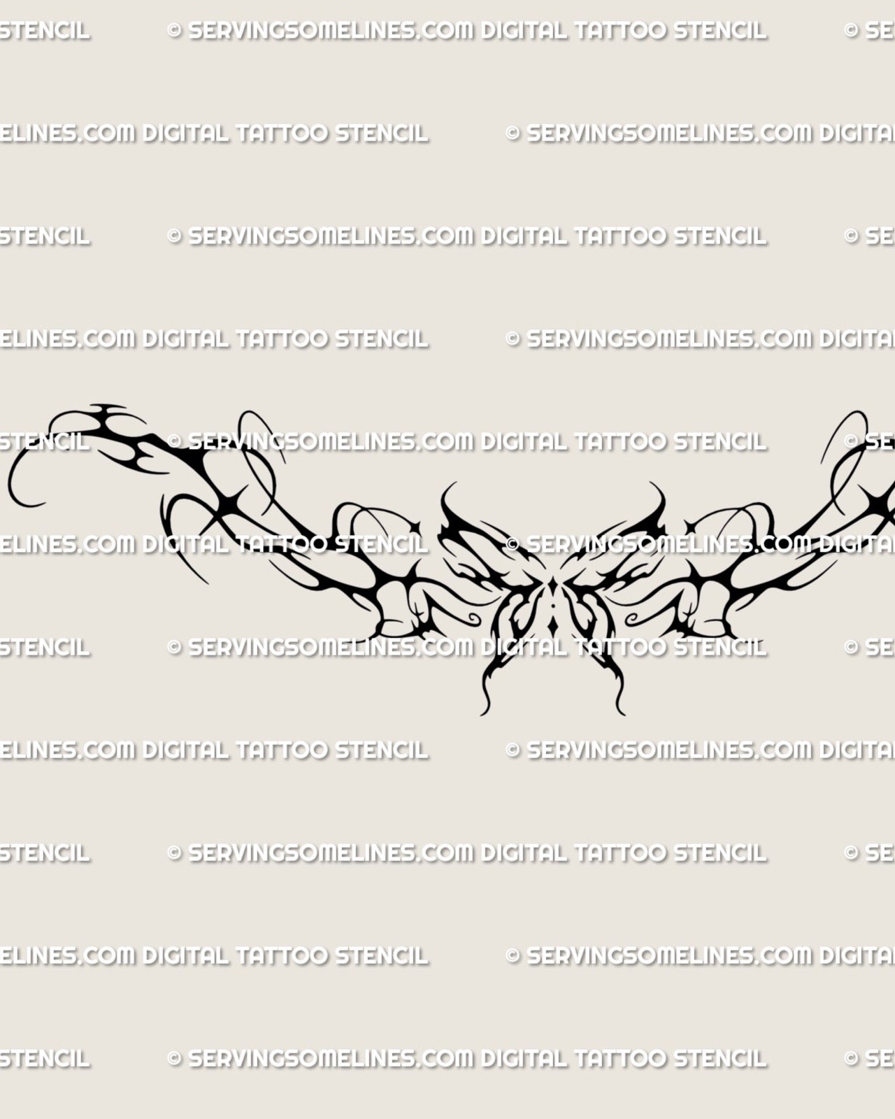 Feminine butterfly tramp stamp tattoo design in elegant cyber-tribal linework, ideal as lower back or chest digital tattoo stencil. 