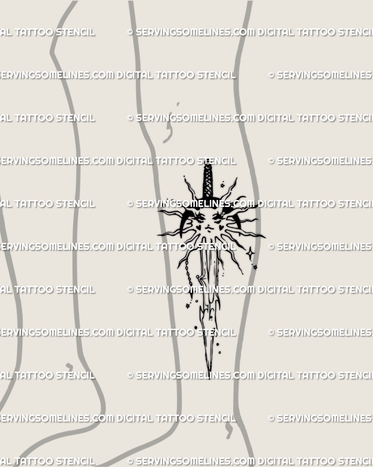 Celestial sword tattoo on woman’s back thigh, hand-drawn cyber line art with stars, moon, and sun motifs for elegant feminine placement. 