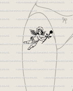 Feminine thigh placement of gothic cupid tattoo stencil, cherub holding rose, barbed wire crown, edgy small flash tattoo design. 