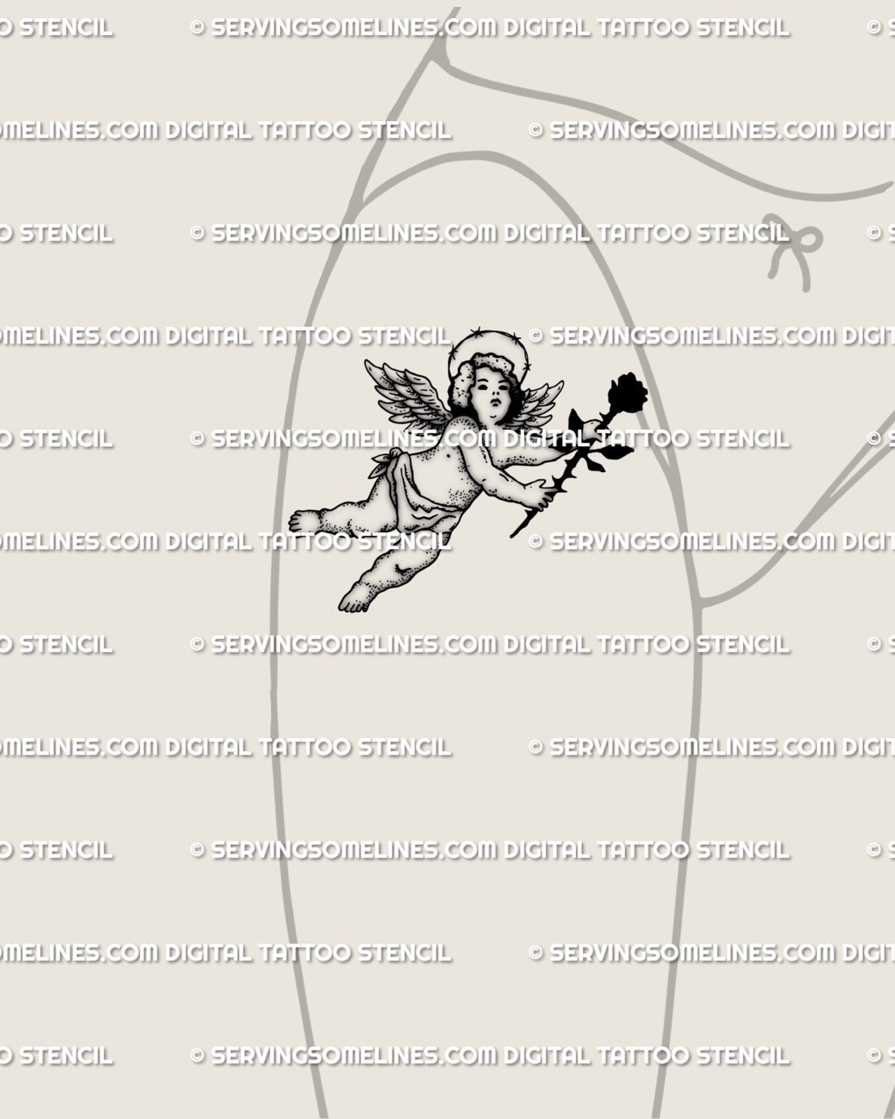 Feminine thigh placement of gothic cupid tattoo stencil, cherub holding rose, barbed wire crown, edgy small flash tattoo design. 