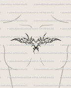 Feminine chest angel wings tattoo idea with cyber heart and bow, delicate coquette angelcore design mixing softness and edge.
