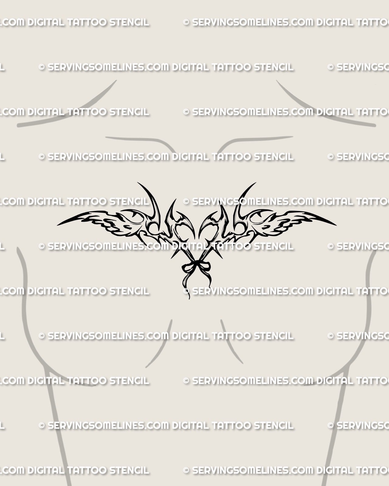 Feminine chest angel wings tattoo idea with cyber heart and bow, delicate coquette angelcore design mixing softness and edge.