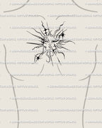 Feminine chest sun tattoo in gothic cybersigilism style, ornamental solar face and spiky tribal rays shaped to chest center beautifully.