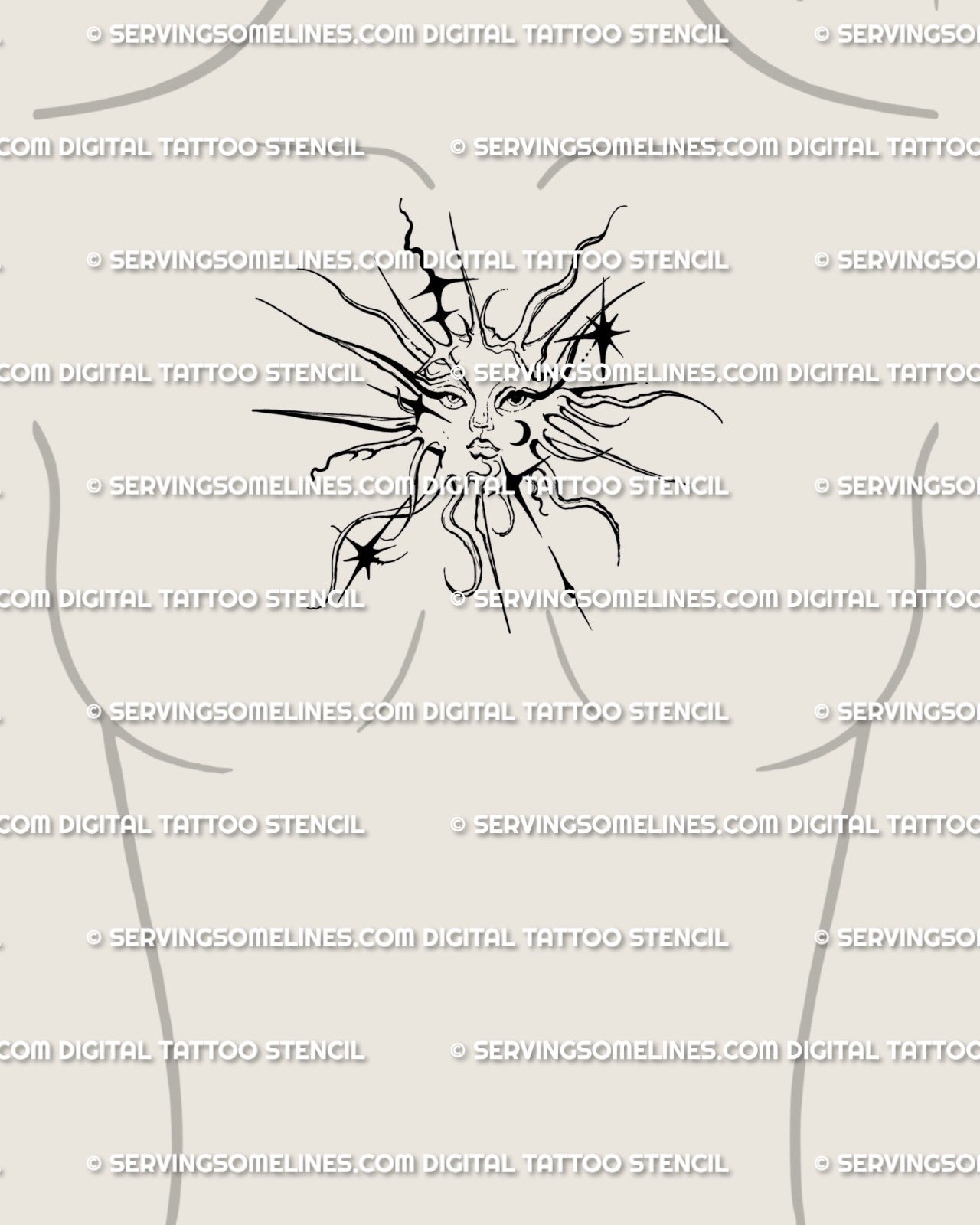 Feminine chest sun tattoo in gothic cybersigilism style, ornamental solar face and spiky tribal rays shaped to chest center beautifully.