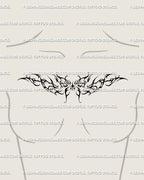 Cyber butterfly tattoo shown on feminine chest placement, ornamental Y2K wings in soft gothic style with delicate tribal symmetry.