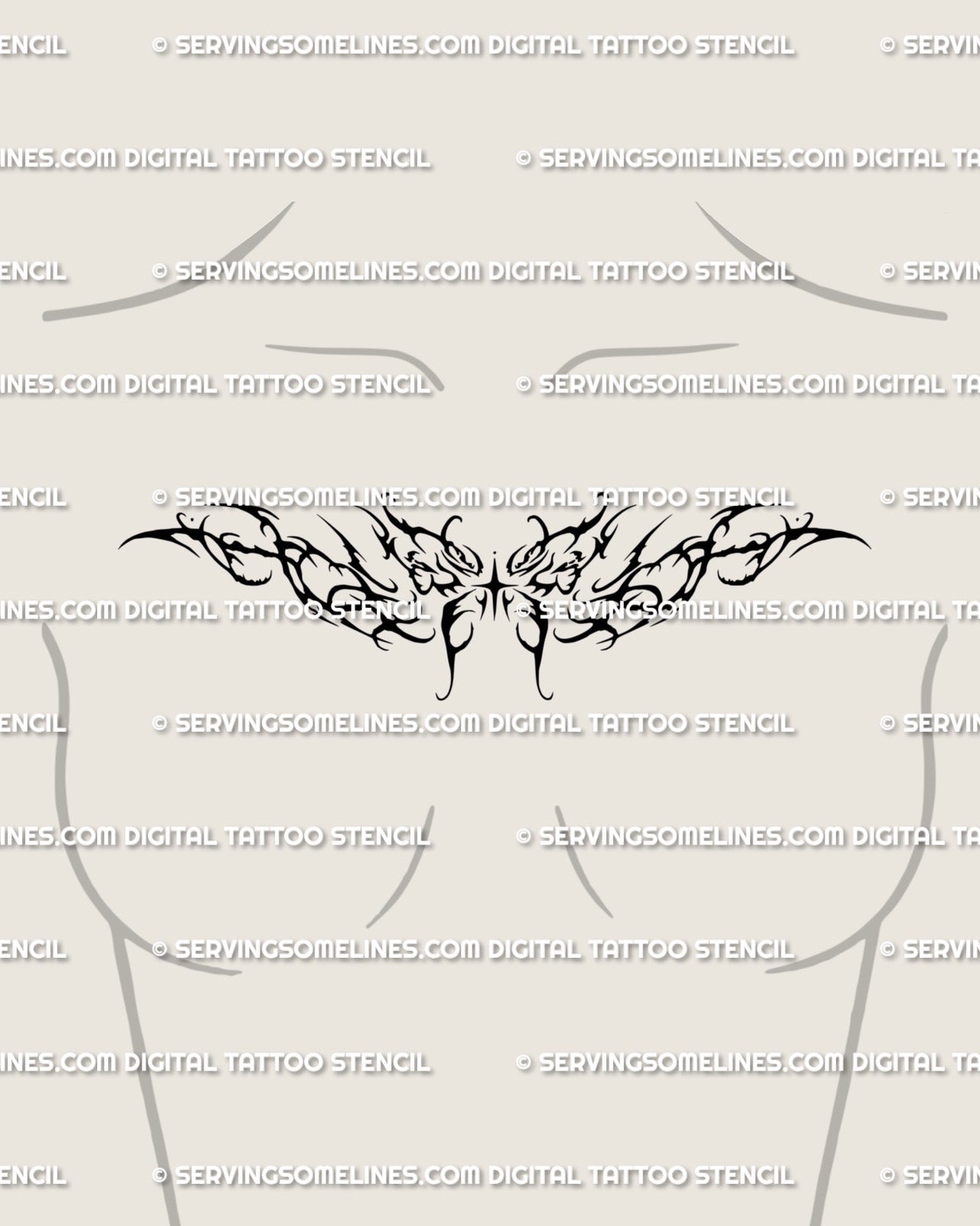 Cyber butterfly tattoo shown on feminine chest placement, ornamental Y2K wings in soft gothic style with delicate tribal symmetry.