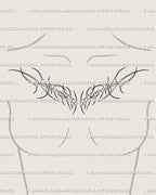 Feminine chest tattoo idea in ornamental neotribal style, soft flames and minimal fine line design that flatters collarbones and sternum.