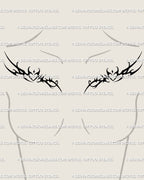 Feminine chest tattoo design preview showing twin cybersigilism heart shapes with dark ornamental spark details, digital stencil view