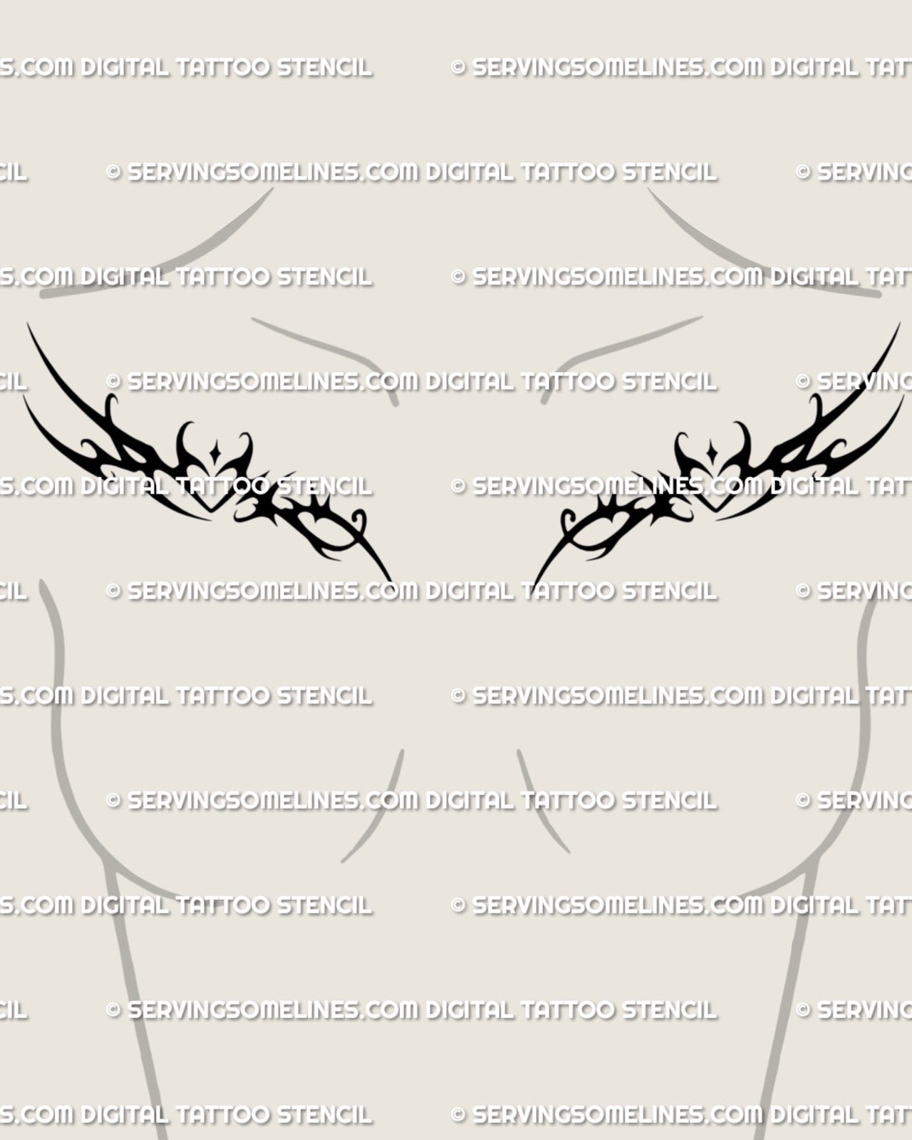 Feminine chest tattoo design preview showing twin cybersigilism heart shapes with dark ornamental spark details, digital stencil view