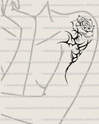 Feminine cyber flower tattoo design for the arm, delicate neotribal rose stencil with thorns, gothic floral forearm detail.