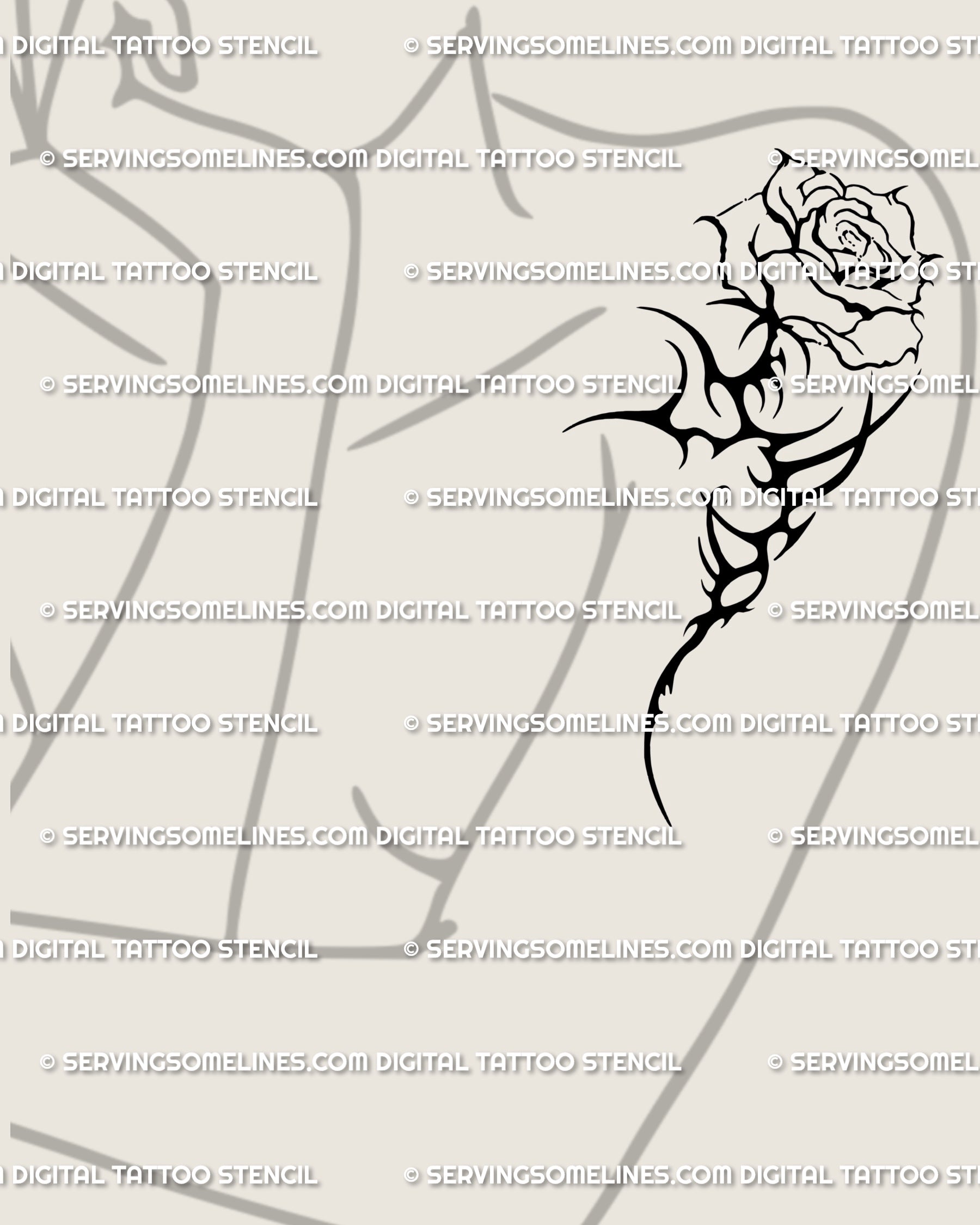 Feminine cyber flower tattoo design for the arm, delicate neotribal rose stencil with thorns, gothic floral forearm detail.