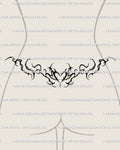 Lower back whimsical cyber tattoo stencil, feminine heart linework with elegant ornamental flow and balanced cybercore shapes.