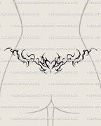 Lower back whimsical cyber tattoo stencil, feminine heart linework with elegant ornamental flow and balanced cybercore shapes.