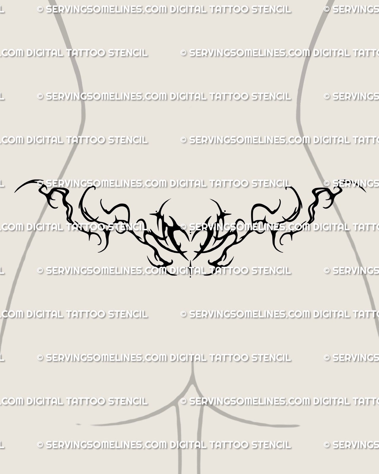 Lower back whimsical cyber tattoo stencil, feminine heart linework with elegant ornamental flow and balanced cybercore shapes.