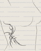 feminine cybersigilism rib tattoo mockup on side torso, ornamental spiky tribal flow linework forming elegant abstract body art