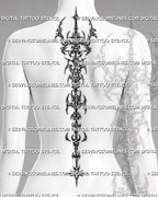 Feminine cybersigilism spine tattoo stencil shown on back placement with elegant vertical shape