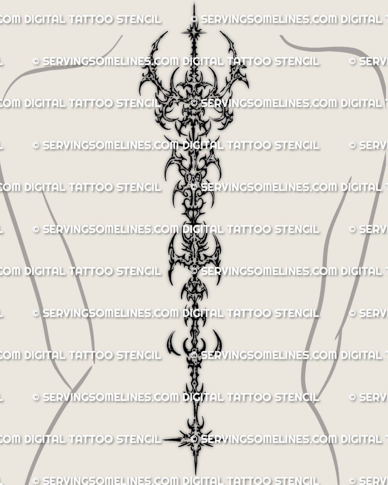 Feminine cybersigilism spine tattoo stencil shown on back placement with elegant vertical shape