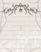 feminine cybersigilism tattoo stencil for underbust placement with cyber ornamental curves and neotribal chest framing linework