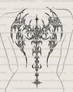Feminine back mockup showing a cybersigilism winged spine tattoo stencil with clean wing spread and long spine drop