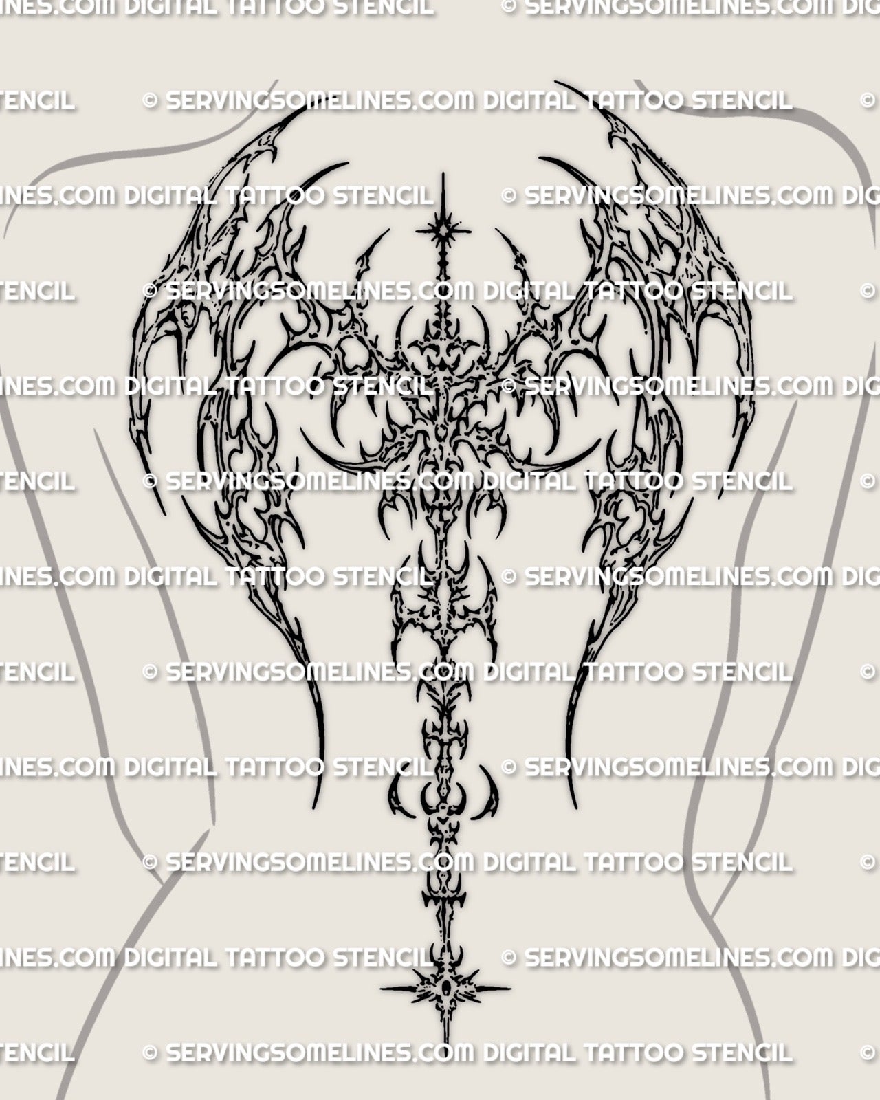 Feminine back mockup showing a cybersigilism winged spine tattoo stencil with clean wing spread and long spine drop