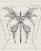 Feminine back tattoo display showing spine sword with fairy wings and neotribal  heart handle, graceful butterfly fairycore tattoo stencil.