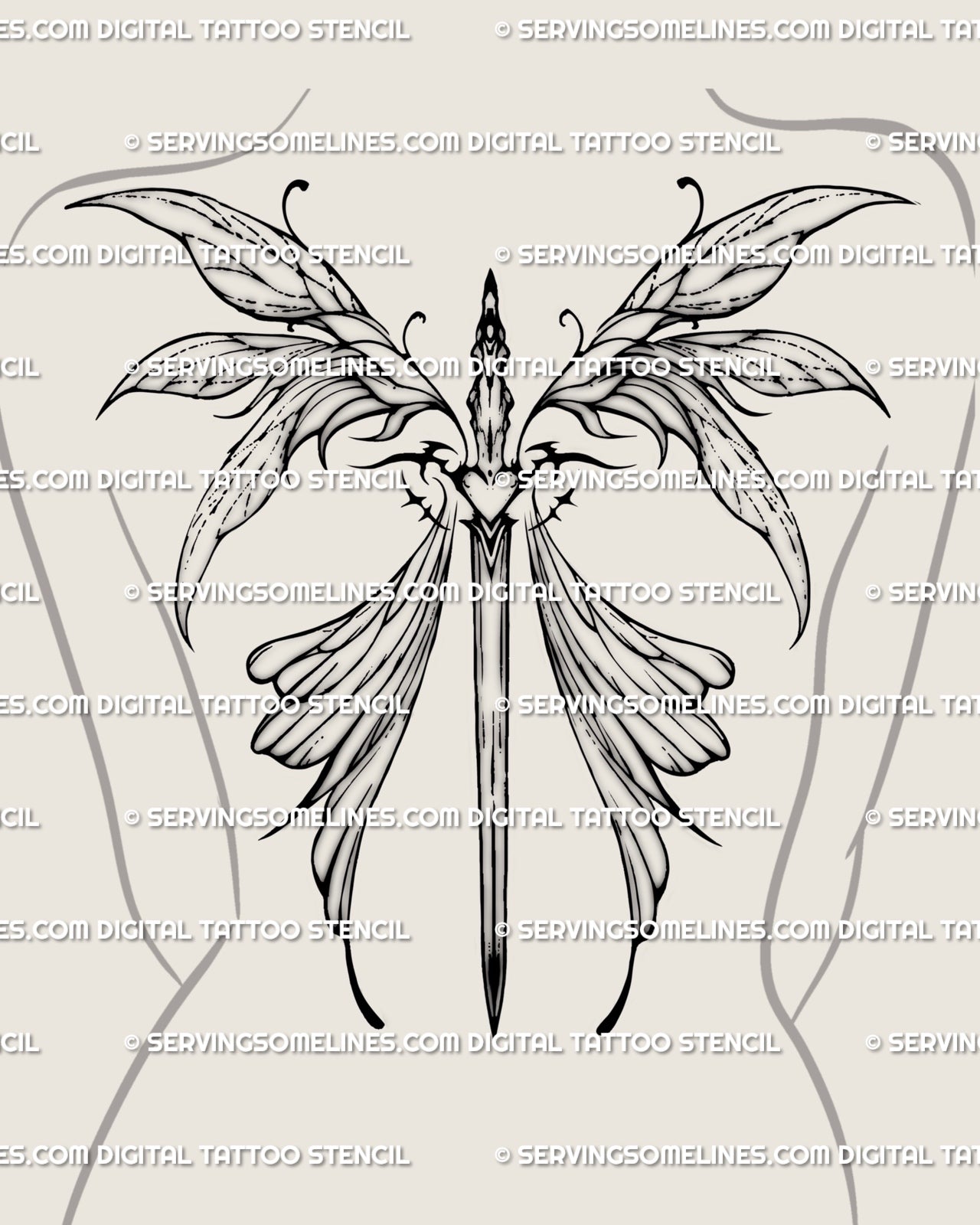 Feminine back tattoo display showing spine sword with fairy wings and neotribal  heart handle, graceful butterfly fairycore tattoo stencil.