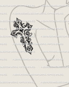 Feminine floral gothic cross tattoo stencil shown on arm placement, ornamental rose linework designed as a printable digital file.