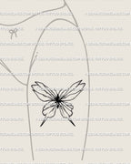 Feminine front thigh tattoo design featuring shattered glass butterfly, elegant fine-line minimal artwork symbolizing rebirth and self-acceptance