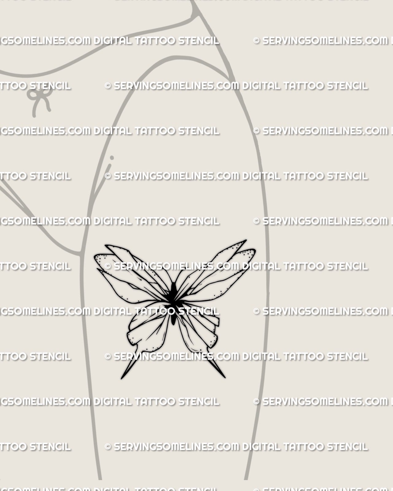 Feminine front thigh tattoo design featuring shattered glass butterfly, elegant fine-line minimal artwork symbolizing rebirth and self-acceptance