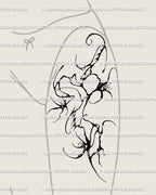 Witchy floral tattoo shown on feminine front thigh, spiky gothic flower in cybersigilism style with dark ornamental black linework.