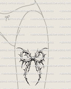 Feminine goth thorn ribbon tattoo stencil displayed on a woman’s front thigh, delicate ornamental style with soft shading that fits curved leg placement