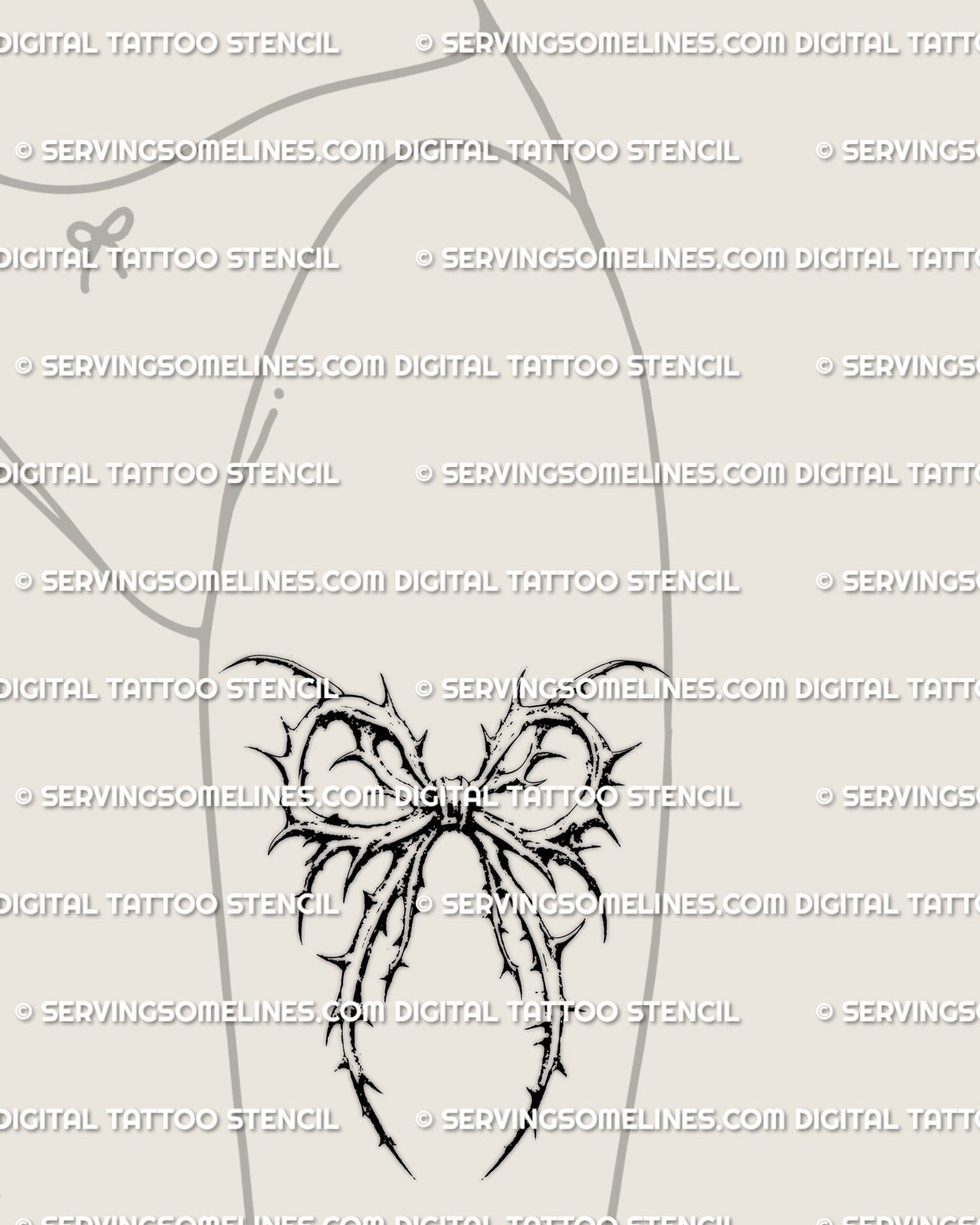 Feminine goth thorn ribbon tattoo stencil displayed on a woman’s front thigh, delicate ornamental style with soft shading that fits curved leg placement