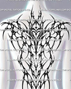 Feminine gothic backpiece tattoo stencil for women shown as a full back placement preview with heart center and flowing shape