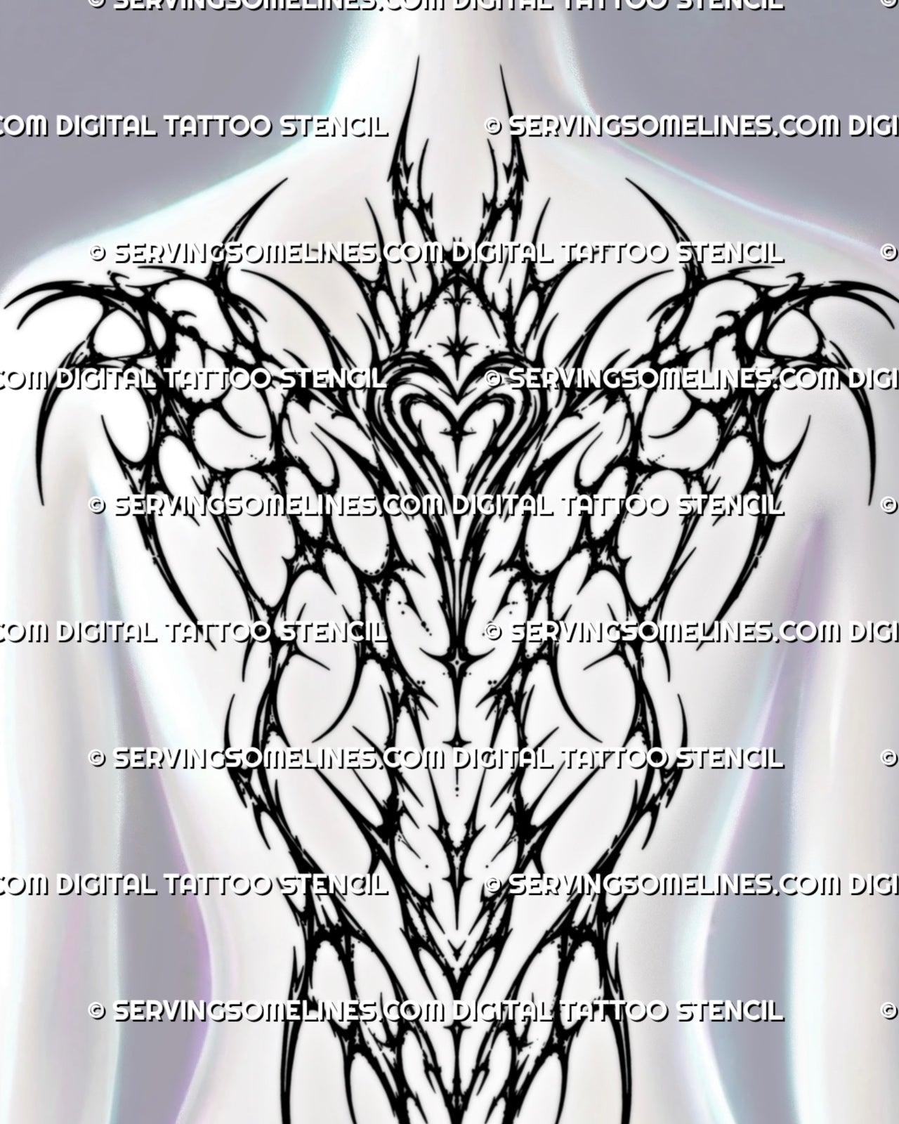 Feminine gothic backpiece tattoo stencil for women shown as a full back placement preview with heart center and flowing shape