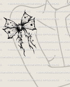 Feminine gothic ribbon bow tattoo stencil placed on upper arm, thorned ornamental design as printable tattoo stencil