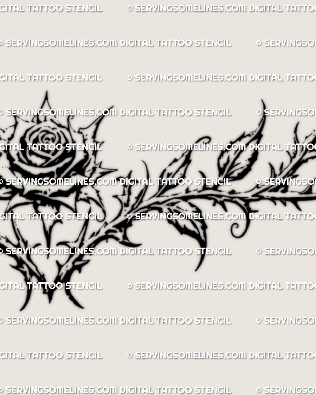 Feminine gothic rose tattoo stencil with ornamental curves, floral goth linework provided as a clean downloadable tattoo stencil product