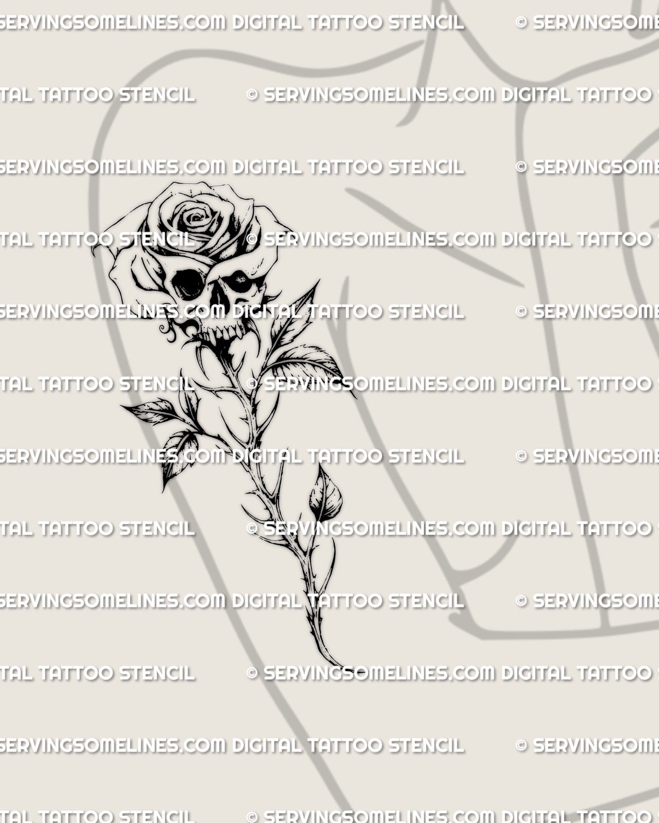 Delicate skull inside rose tattoo stencil shown on a woman’s arm placement, fine line gothic floral design available as a digital file