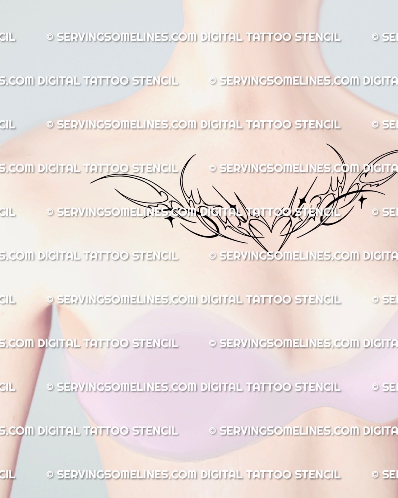 Feminine chest center mockup featuring the ornamental heart outline tattoo stencil, clean line art following the natural curve for a delicate decorative look.