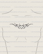 Small cyber tribal heart tattoo on female chest, symmetrical and elegant design with soft spikes and modern ornamental cyber line flow. 