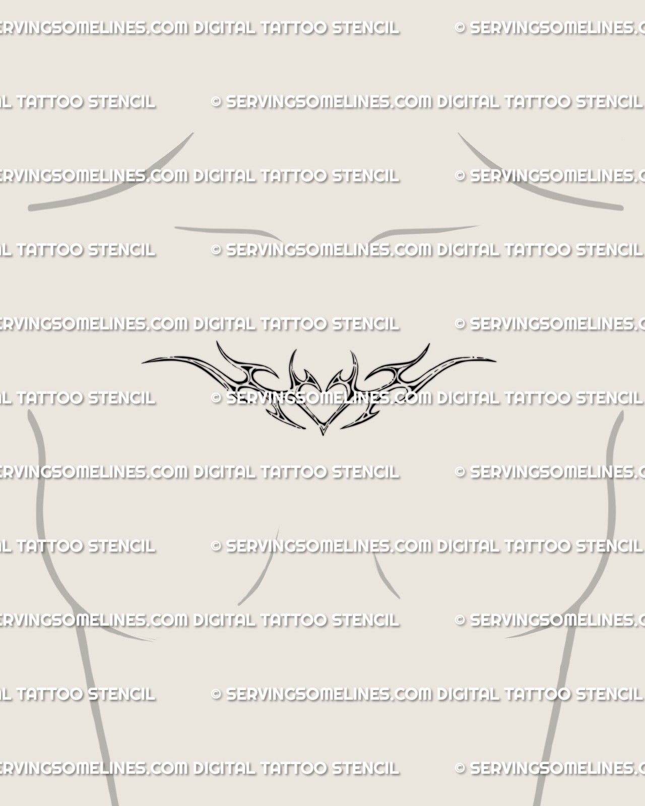 Small cyber tribal heart tattoo on female chest, symmetrical and elegant design with soft spikes and modern ornamental cyber line flow. 