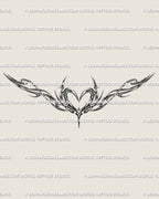 Feminine heart wings tattoo stencil digital download, fine line neotribal ornamental tramp stamp design for lower back or sternum.