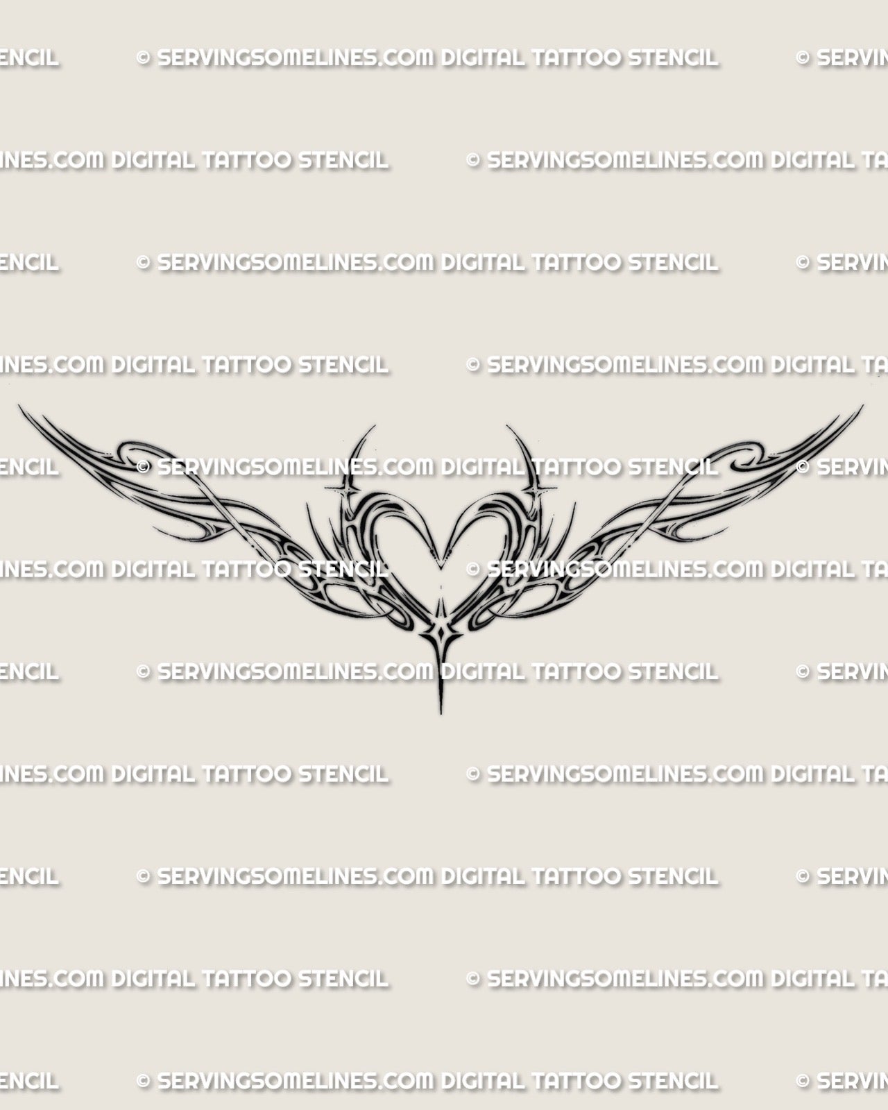 Feminine heart wings tattoo stencil digital download, fine line neotribal ornamental tramp stamp design for lower back or sternum.